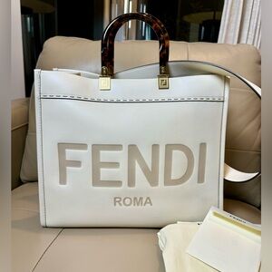 Fendi White Tote Bag with Brown Handles